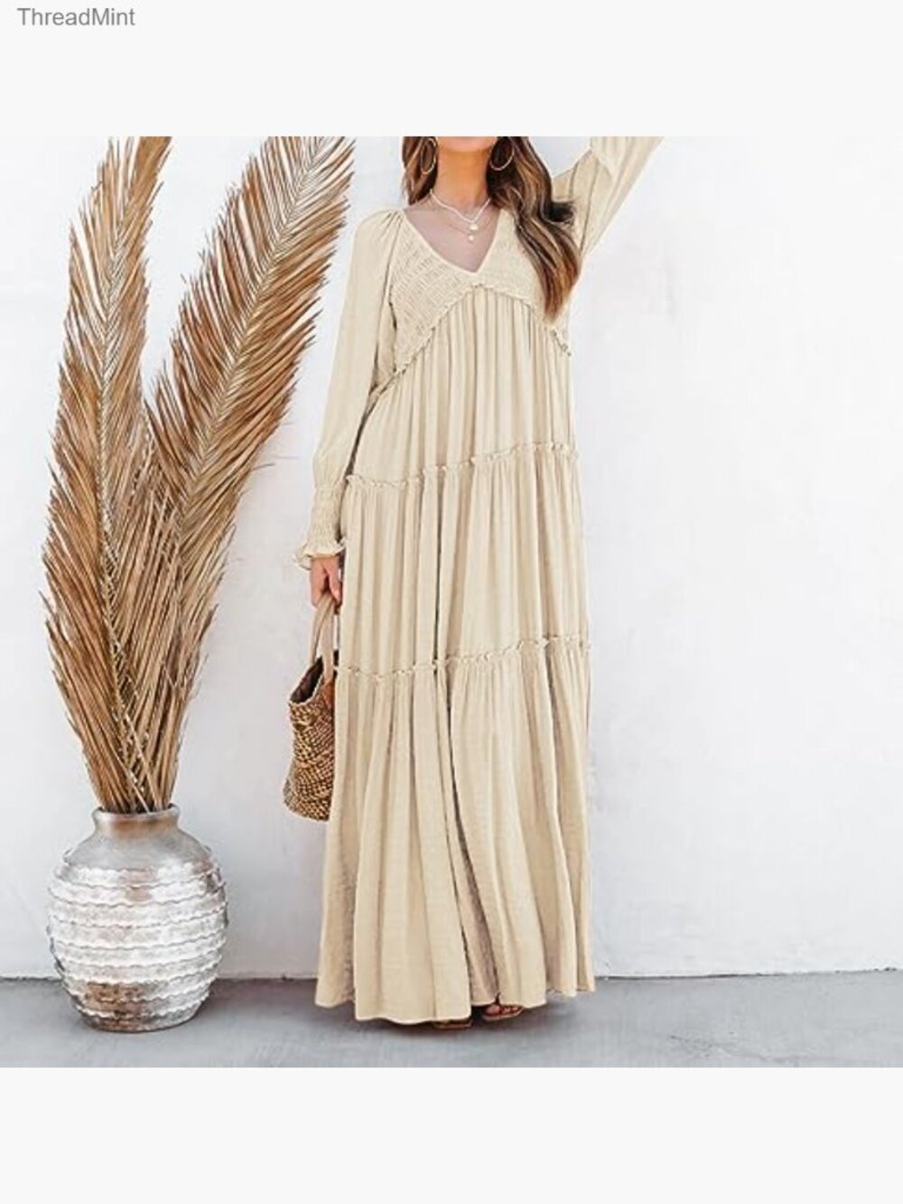 Long Sleeve V-Neck Maxi Dress Empire Waist Ruffle Hem Flowy Boho Casual - Picture 3 of 7